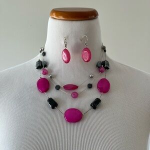 Fushia, Silver and Black Beaded Necklace and Earring Set